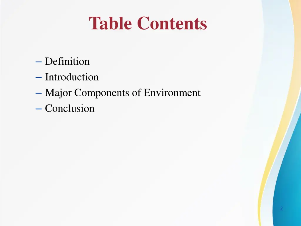 table contents