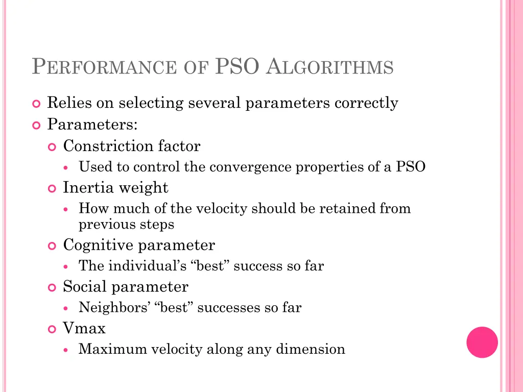 p erformance of pso a lgorithms