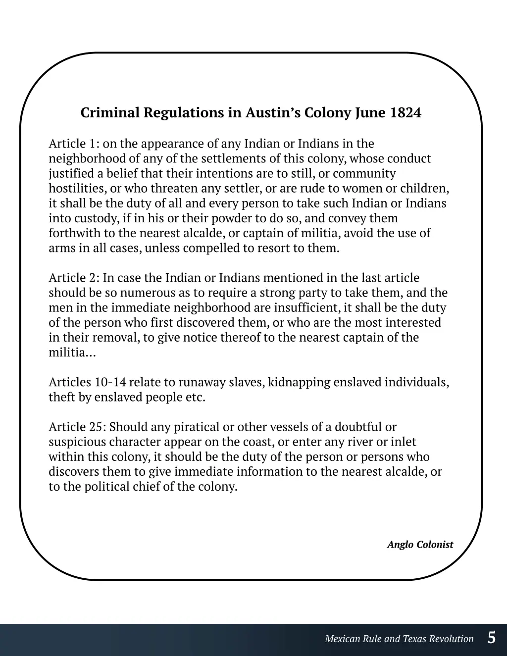 criminal regulations in austin s colony june 1824