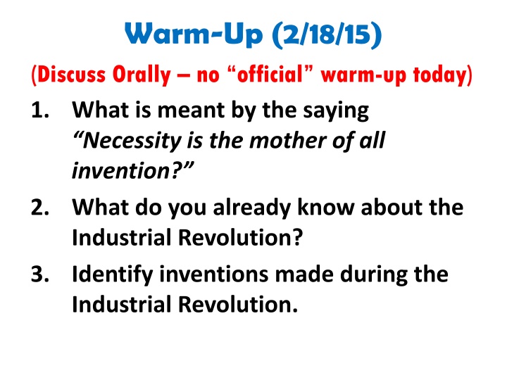 warm up 2 18 15 discuss orally no official warm