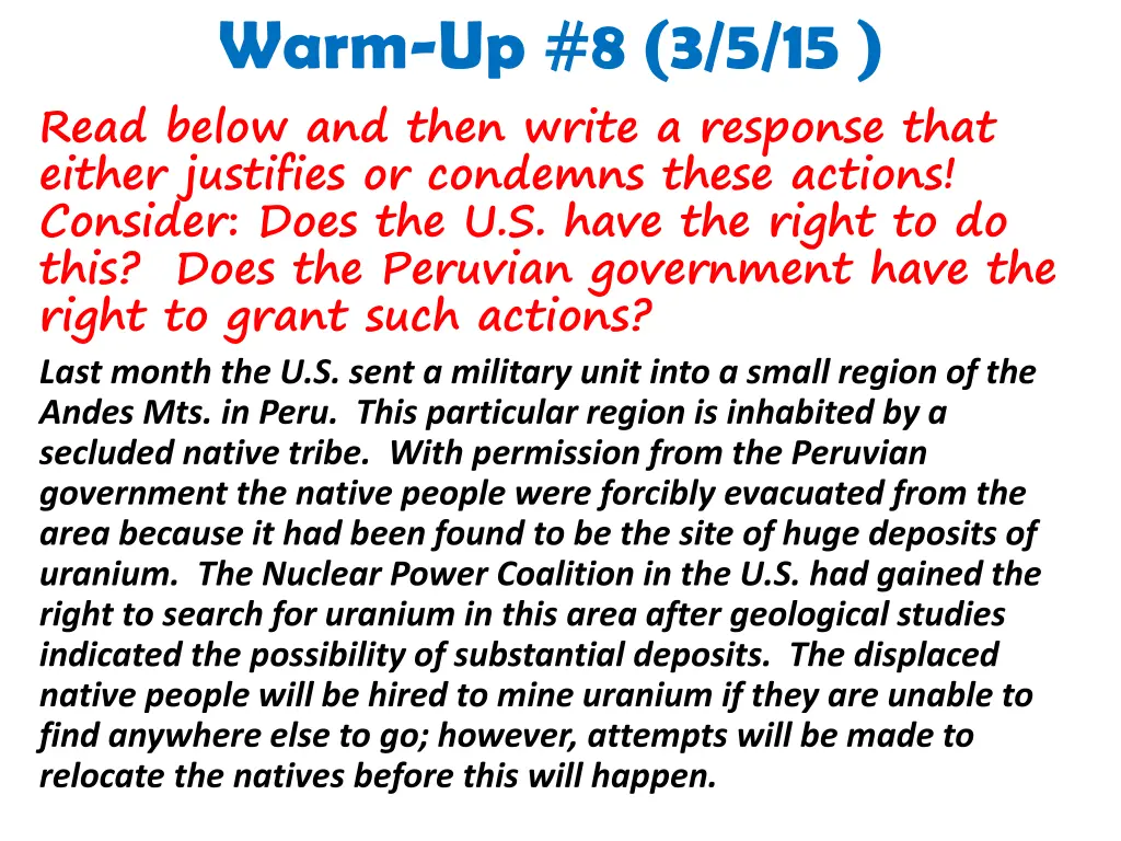 warm up 8 3 5 15 read below and then write
