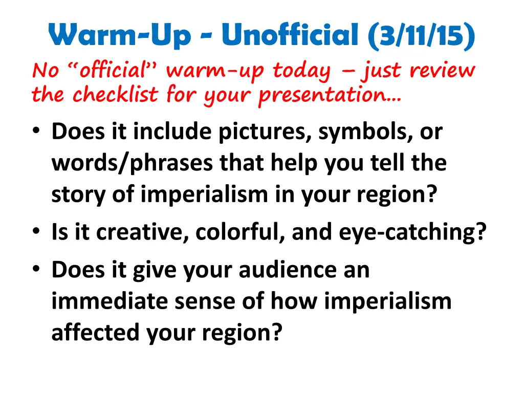 warm up unofficial 3 11 15 no official warm
