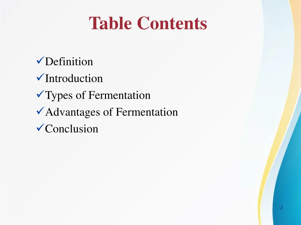 table contents
