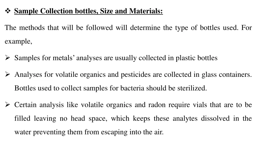 sample collection bottles size and materials