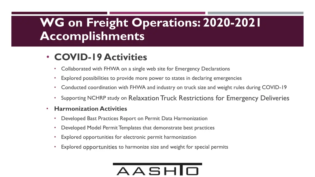 wg on freight operations 2020 2021 accomplishments