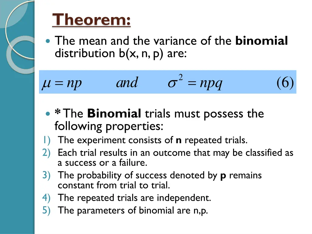 theorem the mean and the variance of the binomial