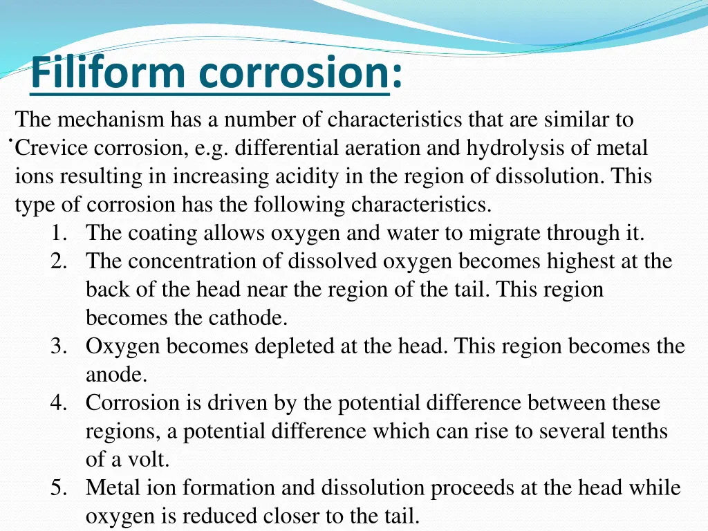 filiform corrosion the mechanism has a number