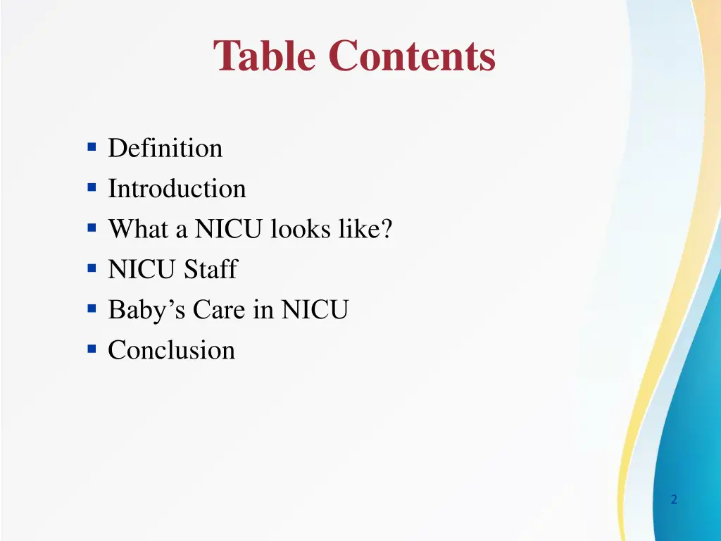 table contents