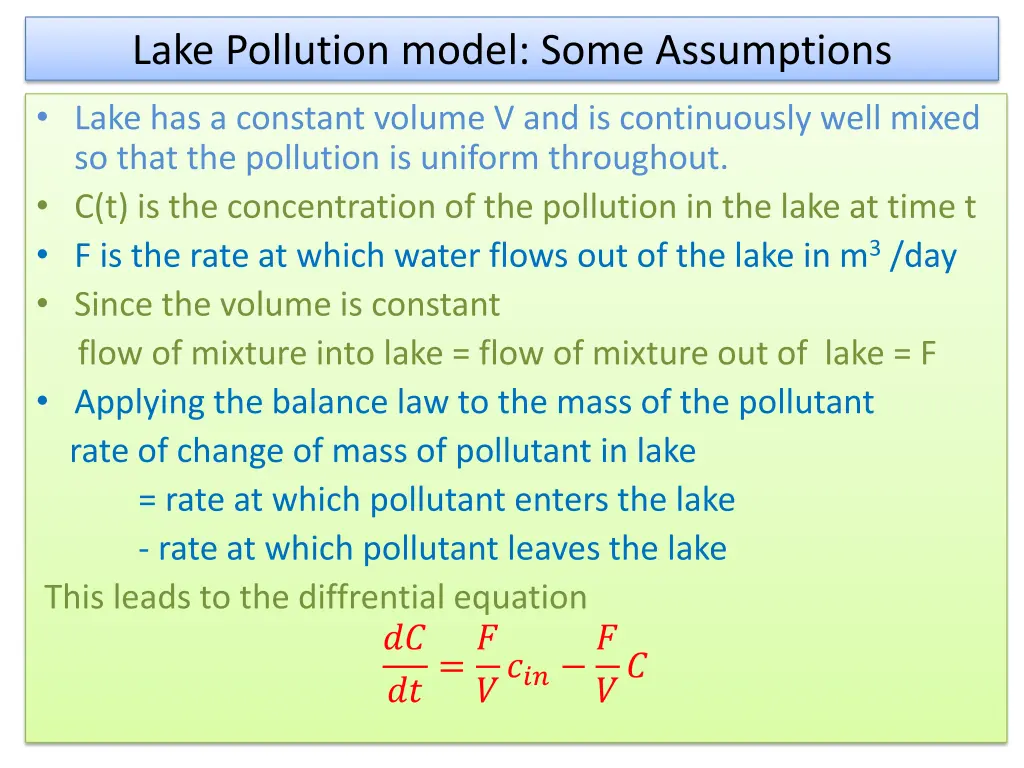 lake pollution model some assumptions