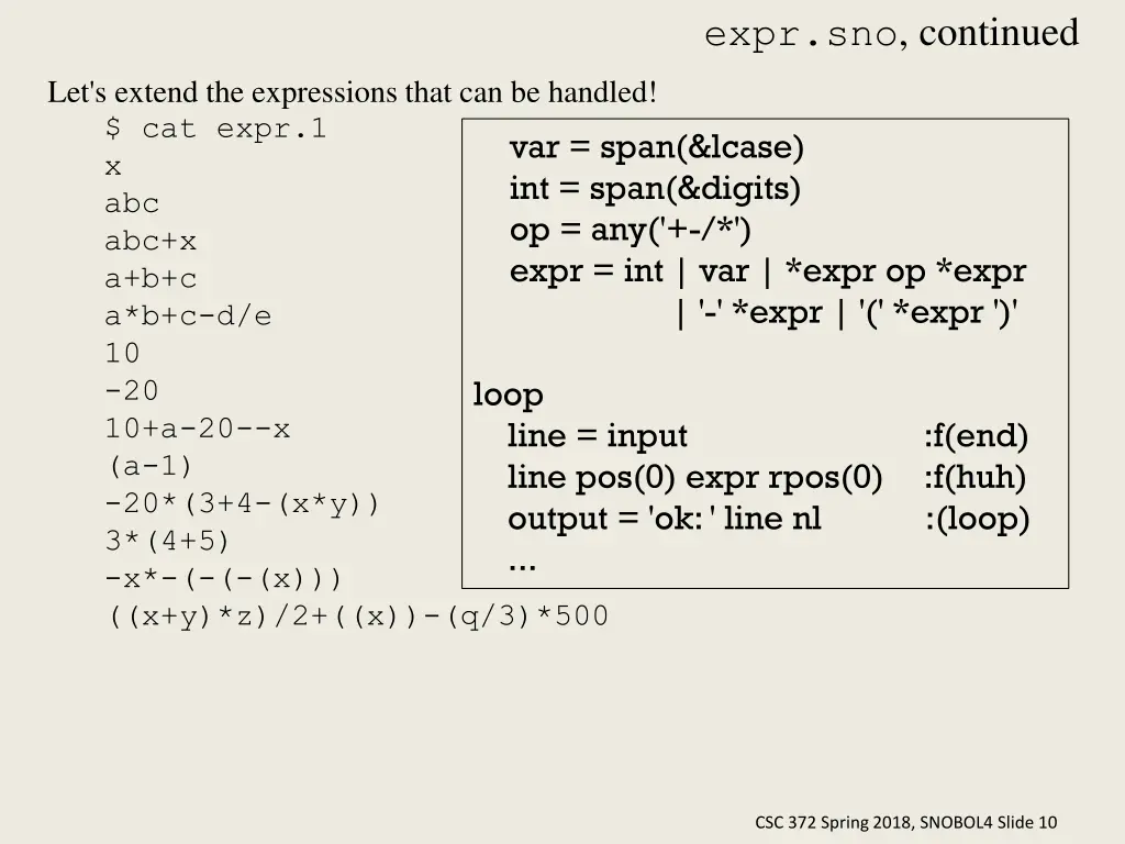 expr sno continued