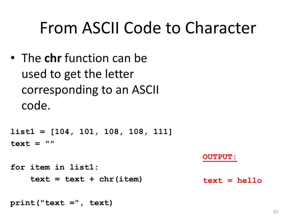 from ascii code to character 1