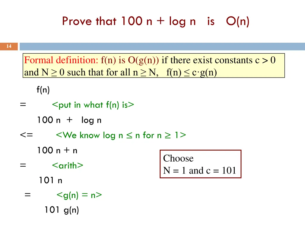 prove that 100 n log n is o n