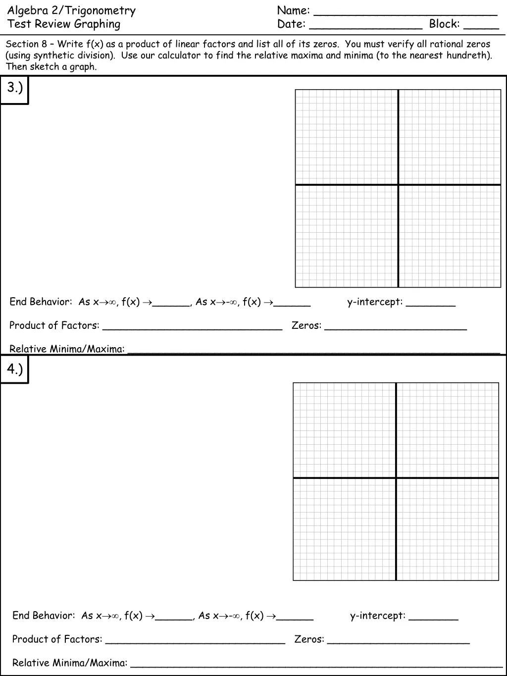 algebra 2 trigonometry test review graphing 1