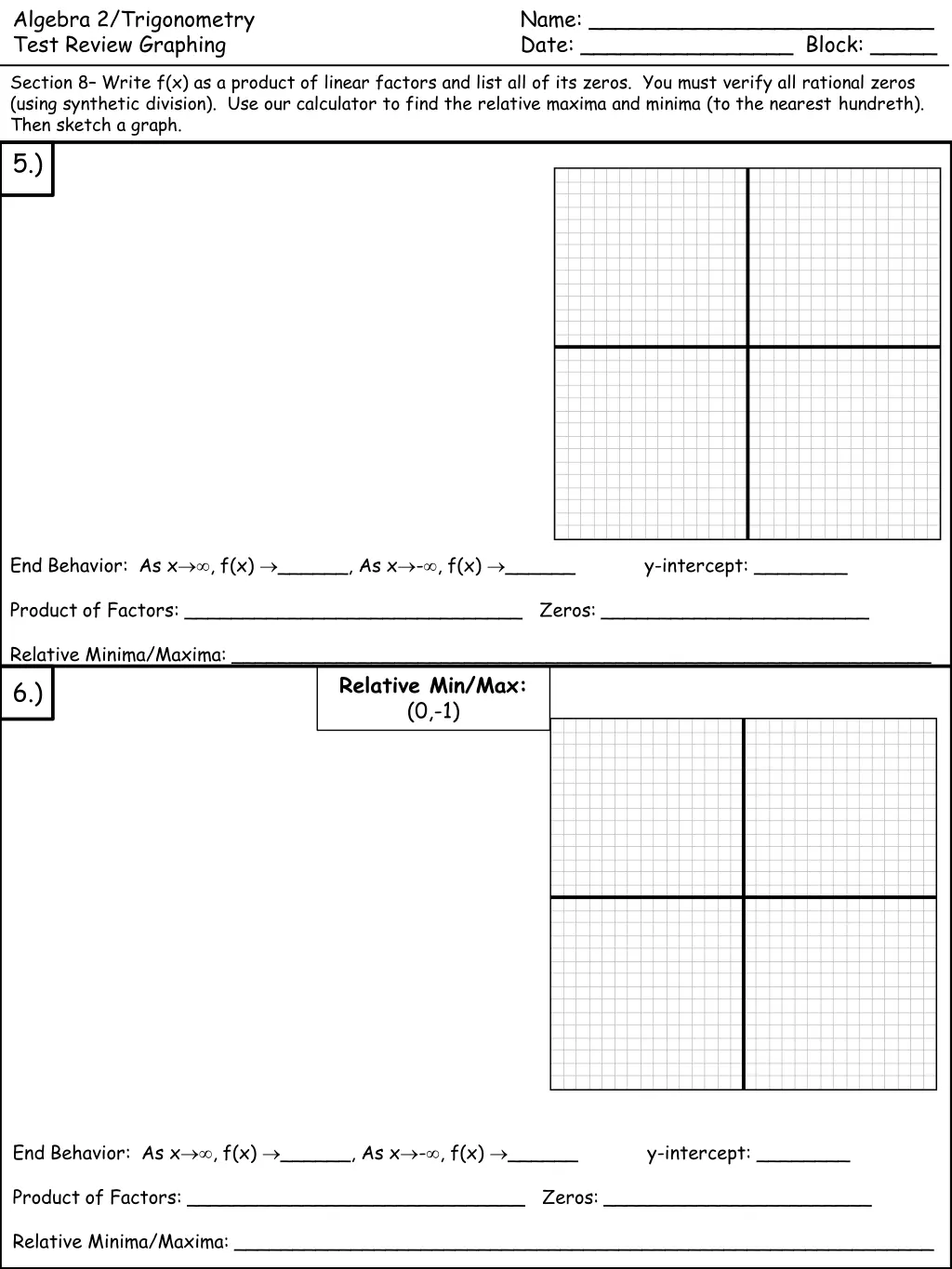 algebra 2 trigonometry test review graphing 2