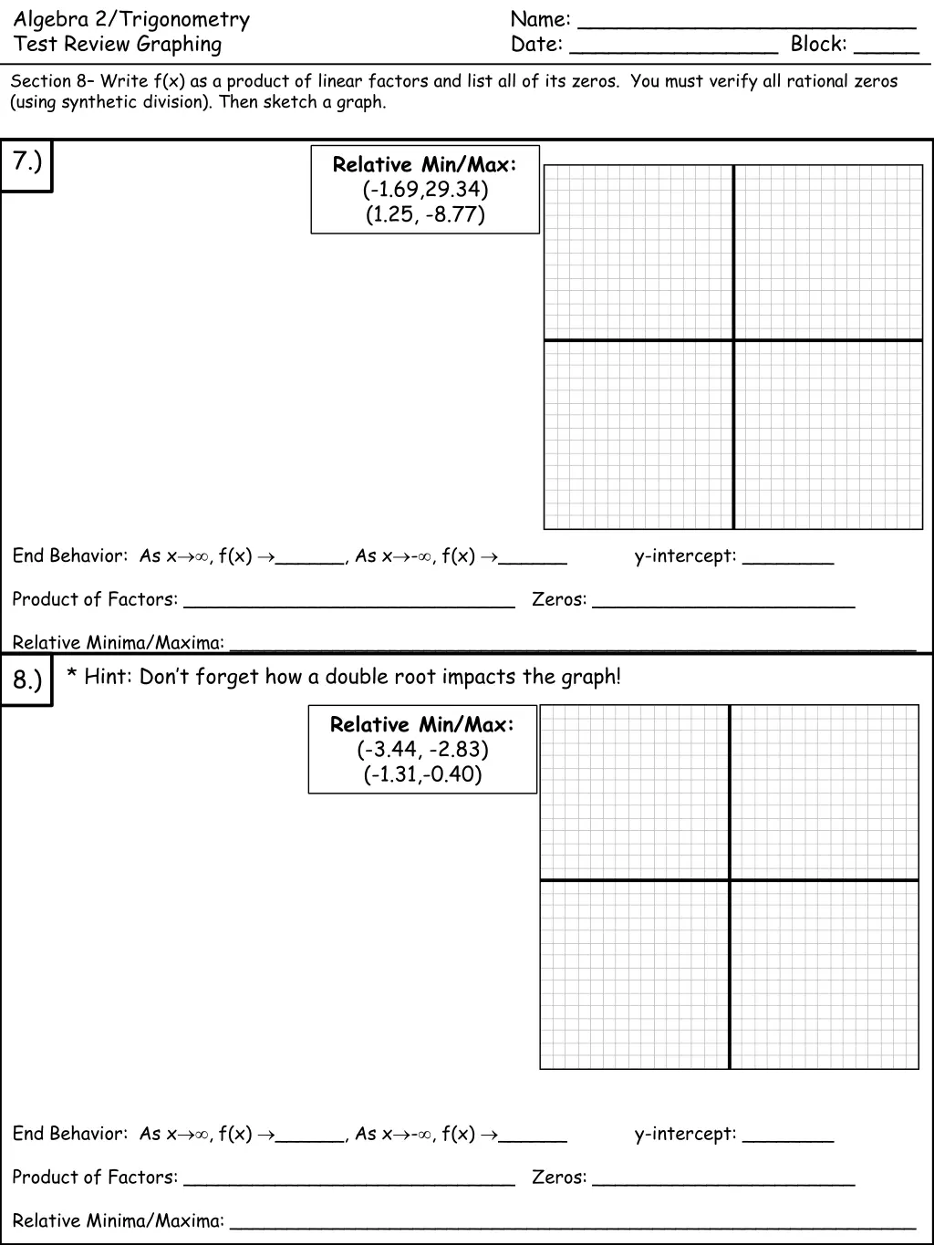 algebra 2 trigonometry test review graphing 3