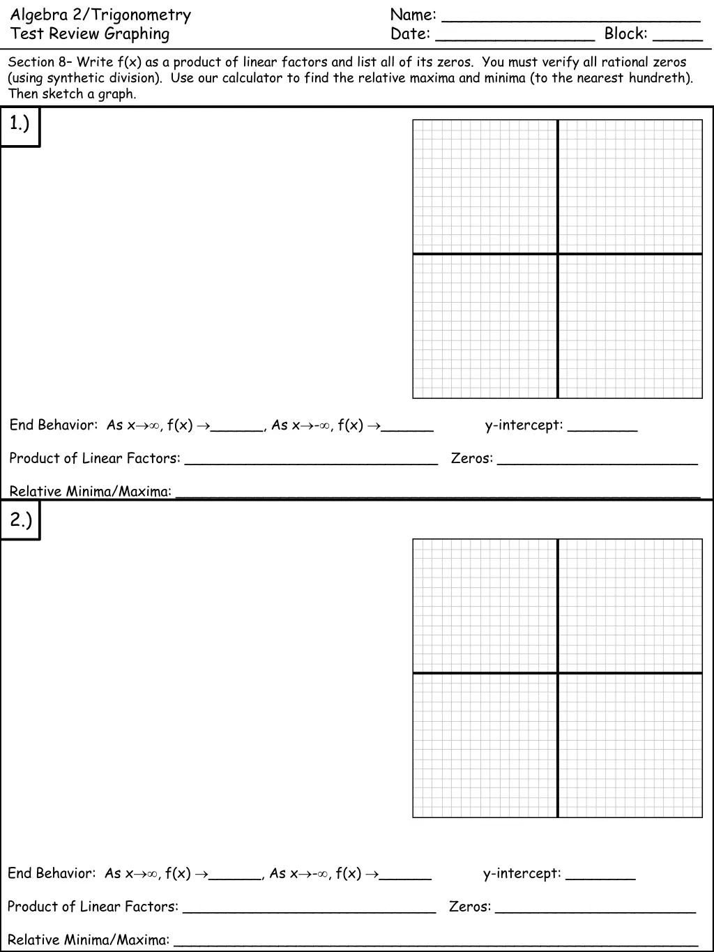 algebra 2 trigonometry test review graphing
