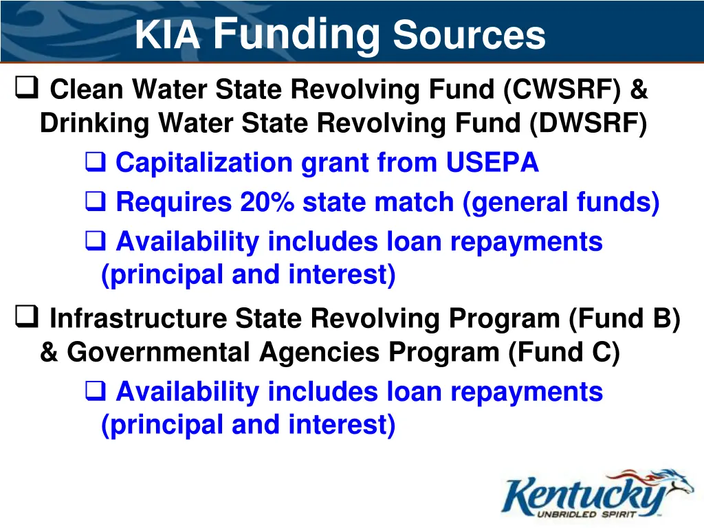 kia funding sources clean water state revolving