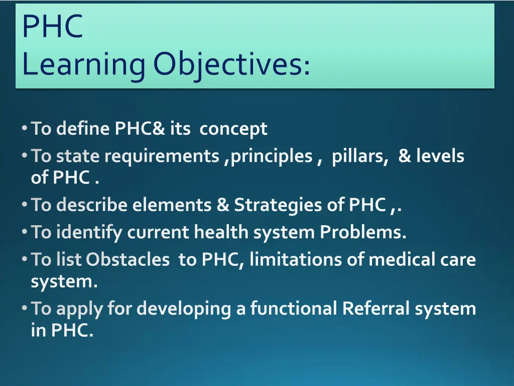 phc learning objectives