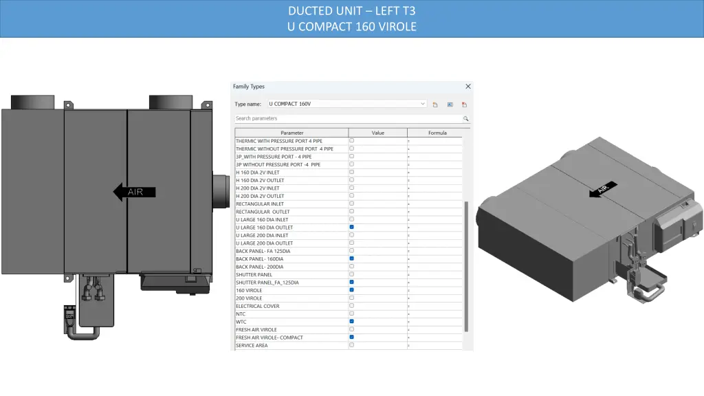 ducted unit left t3 u compact 160 virole