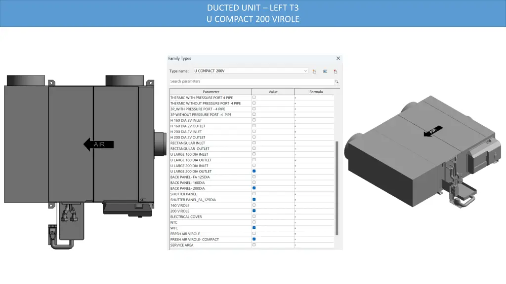 ducted unit left t3 u compact 200 virole