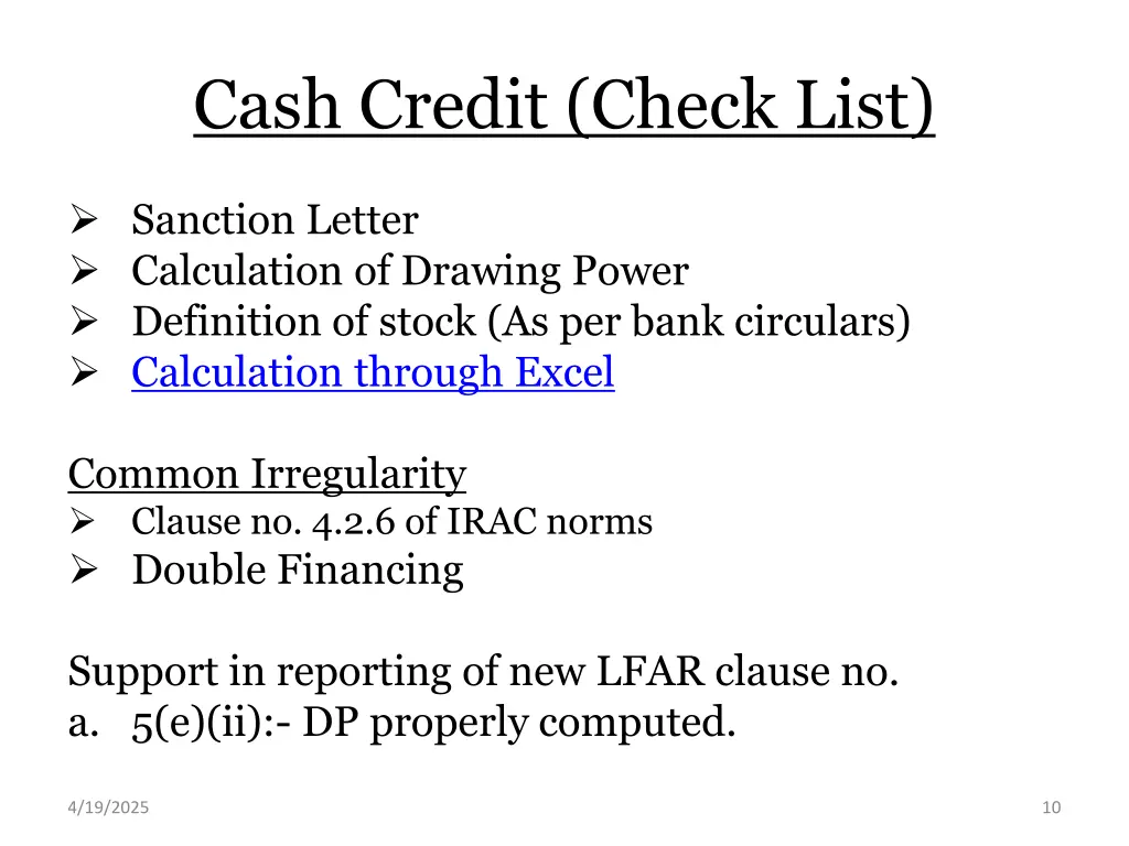 cash credit check list