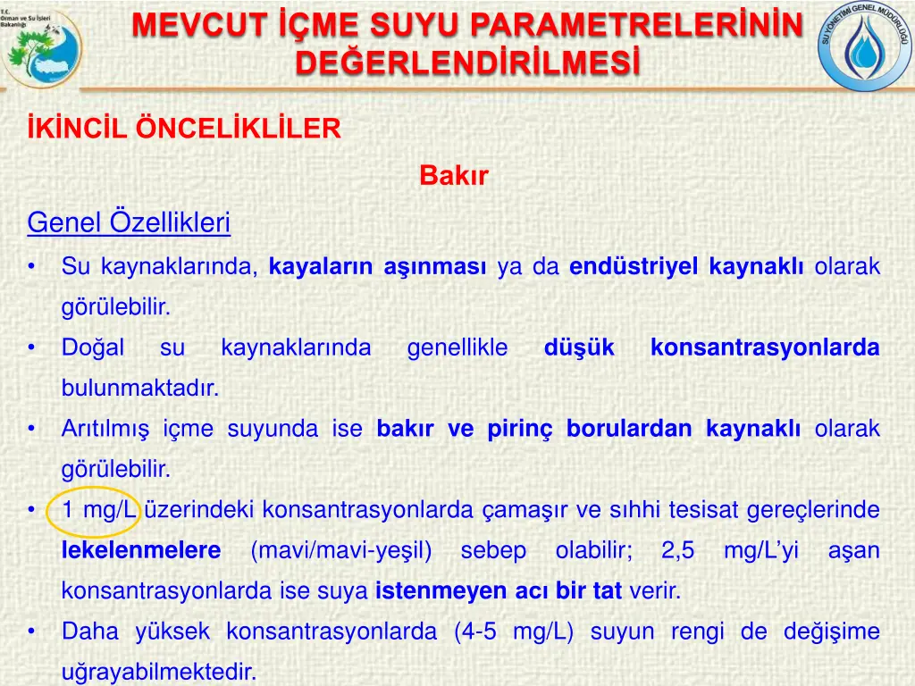 mevcut me suyu parametreler n n de erlend r lmes 10