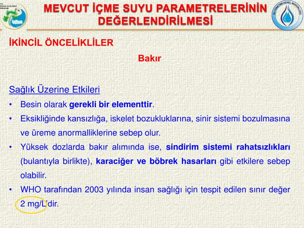 mevcut me suyu parametreler n n de erlend r lmes 11
