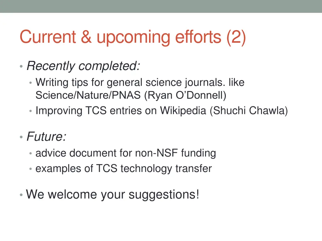 current upcoming efforts 2