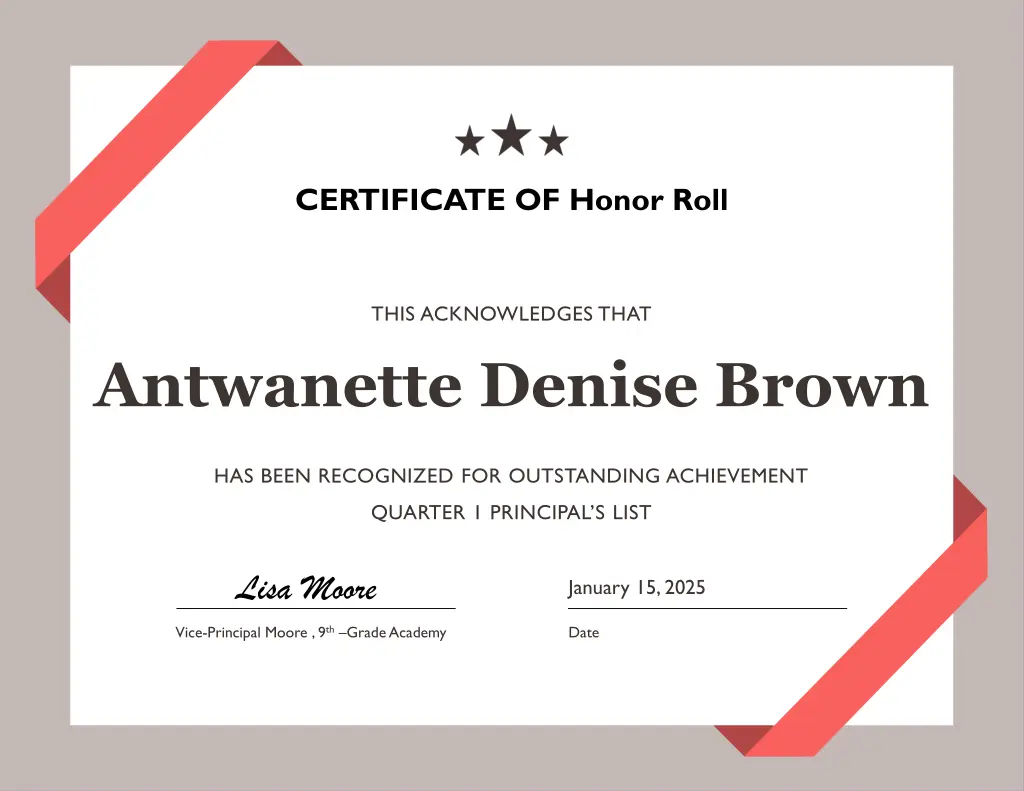certificate of honor roll
