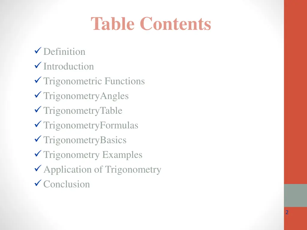 table contents