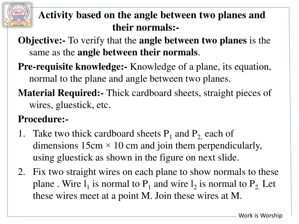activity based on the angle between two planes