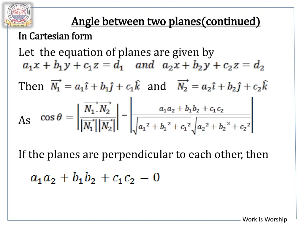 angle between two planes continued angle between