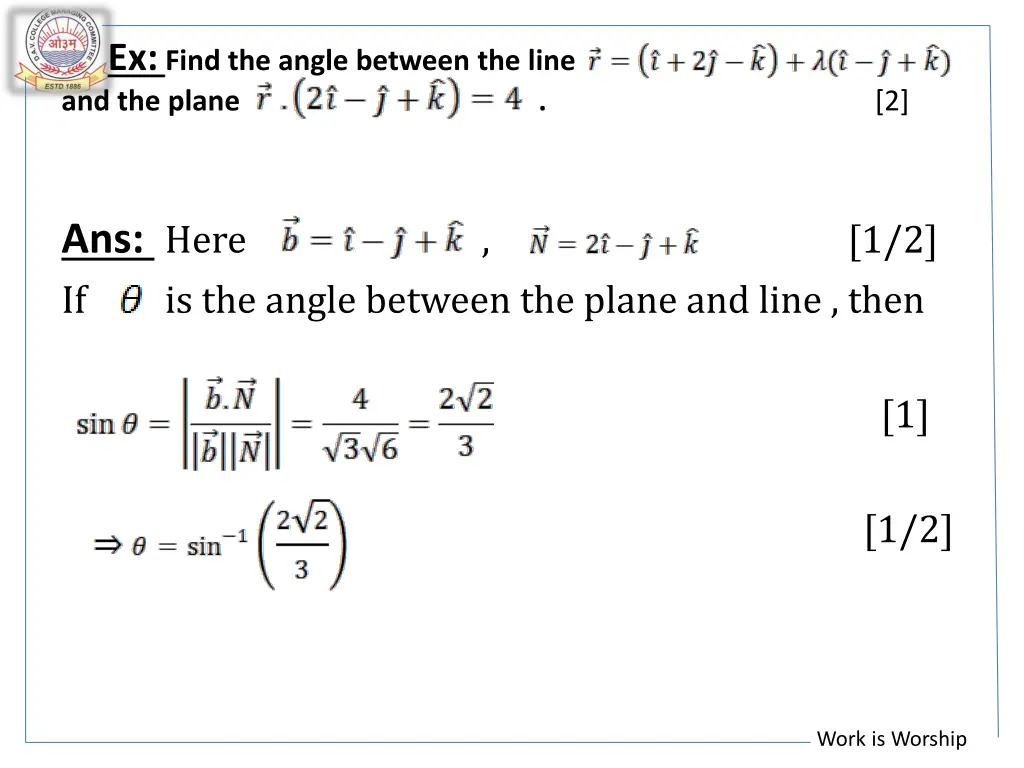 ex find the angle between the line and the plane 2