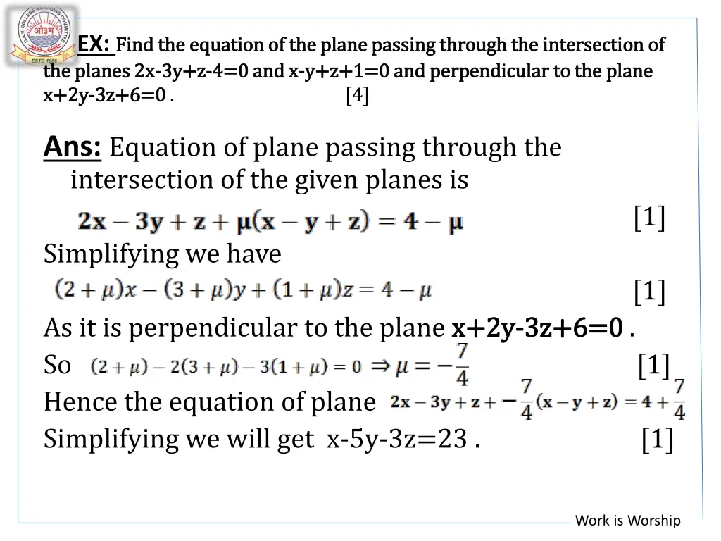 ex find the equation of the plane passing through