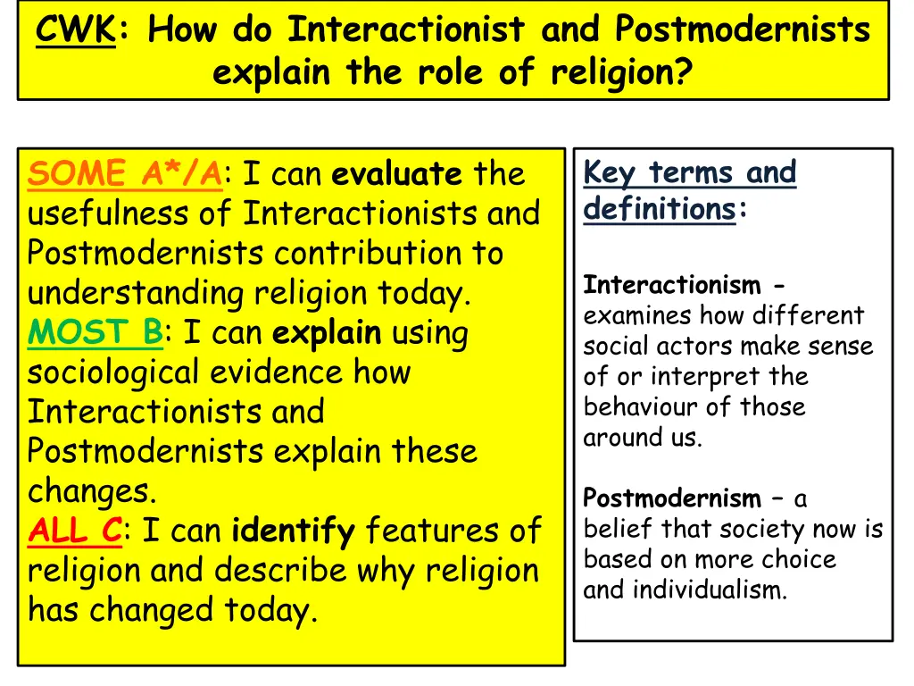 cwk how do interactionist and postmodernists