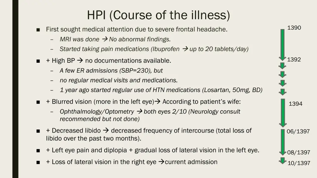 hpi course of the illness first sought medical
