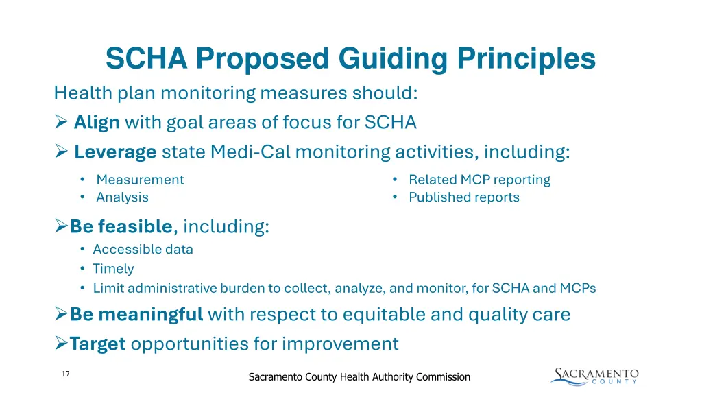 scha proposed guiding principles health plan