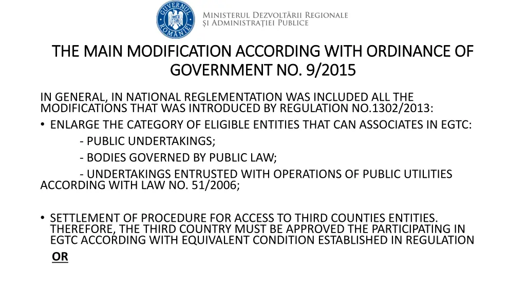 the main modification according with ordinance