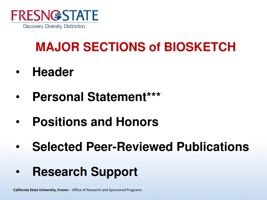 major sections of biosketch