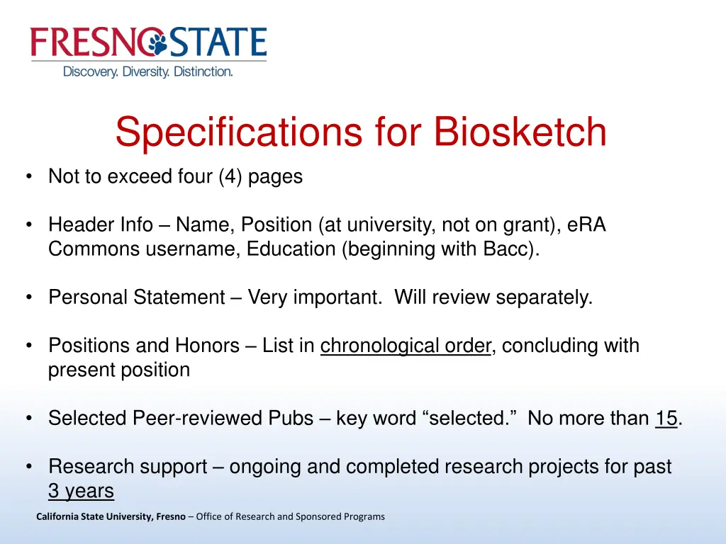 specifications for biosketch not to exceed four