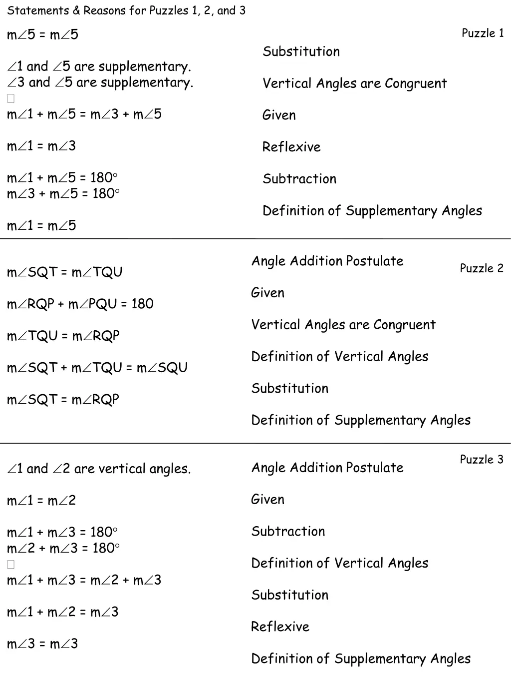statements reasons for puzzles 1 2 and 3