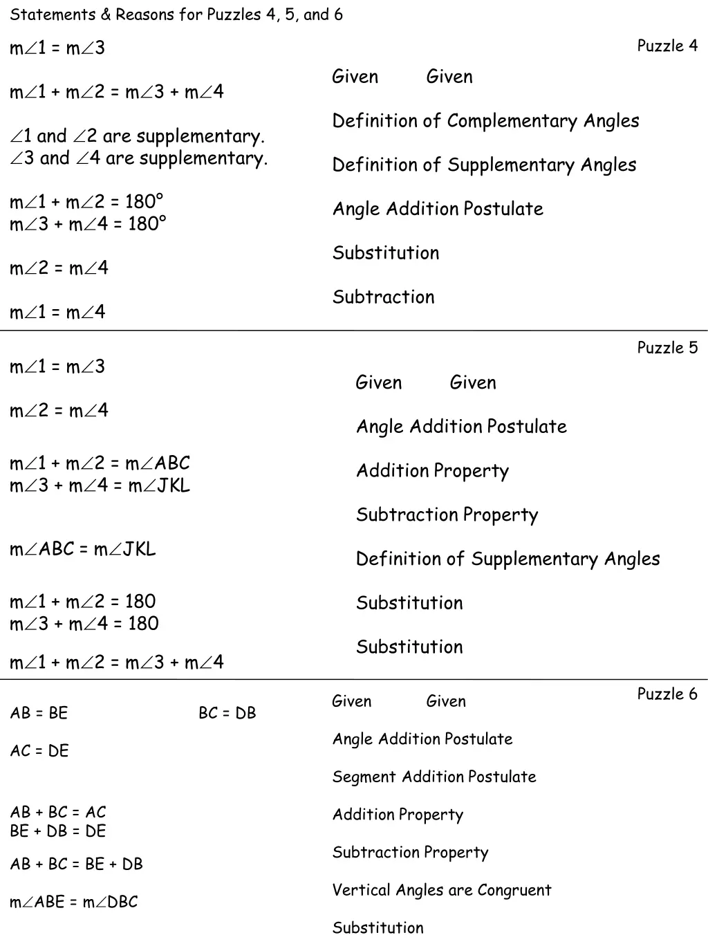 statements reasons for puzzles 4 5 and 6