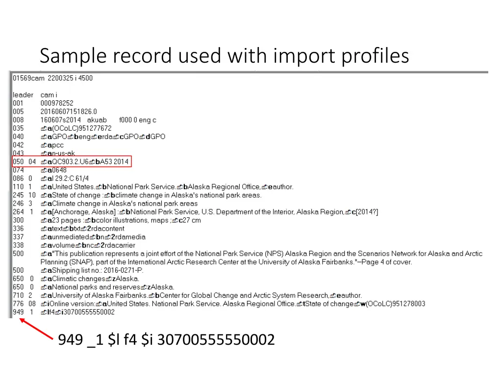 sample record used with import profiles