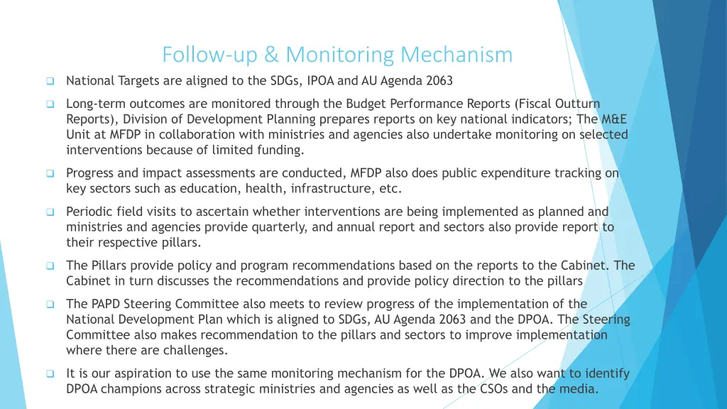 follow up monitoring mechanism national targets
