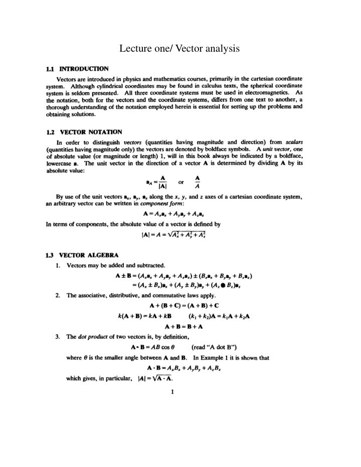 lecture one vector analysis