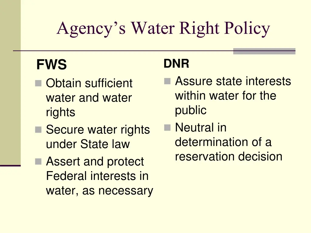 agency s water right policy
