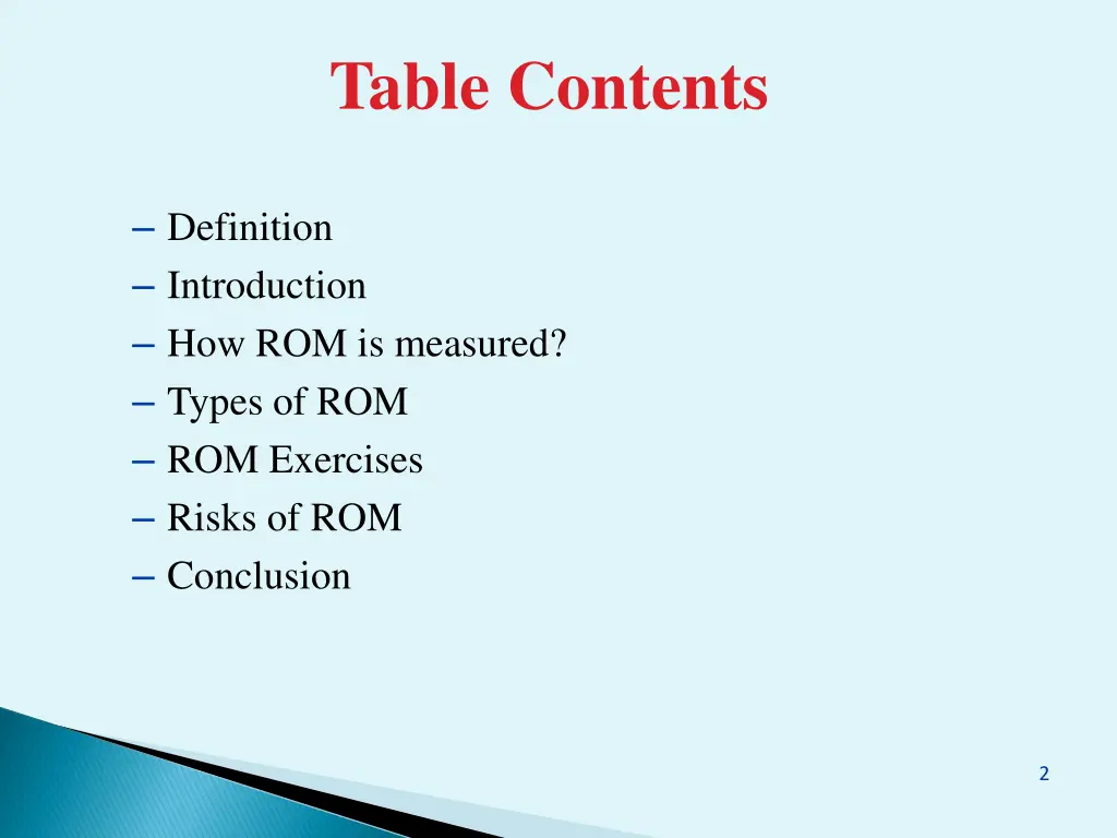 table contents