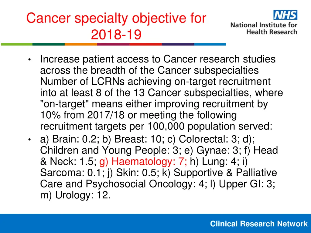 cancer specialty objective for 2018 19