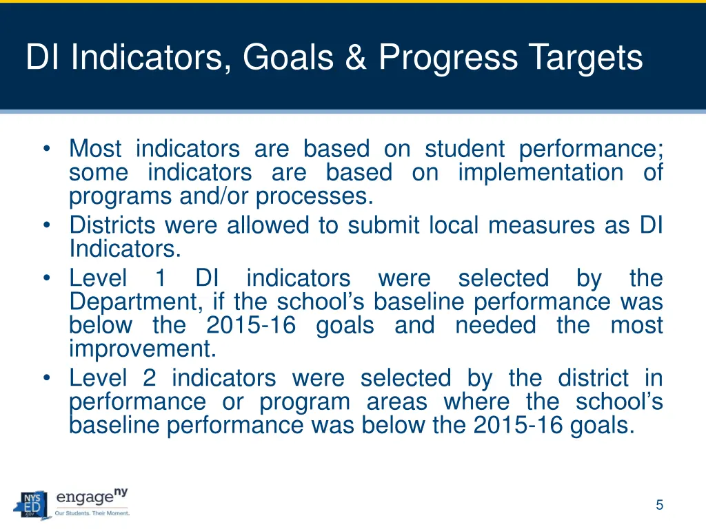 di indicators goals progress targets
