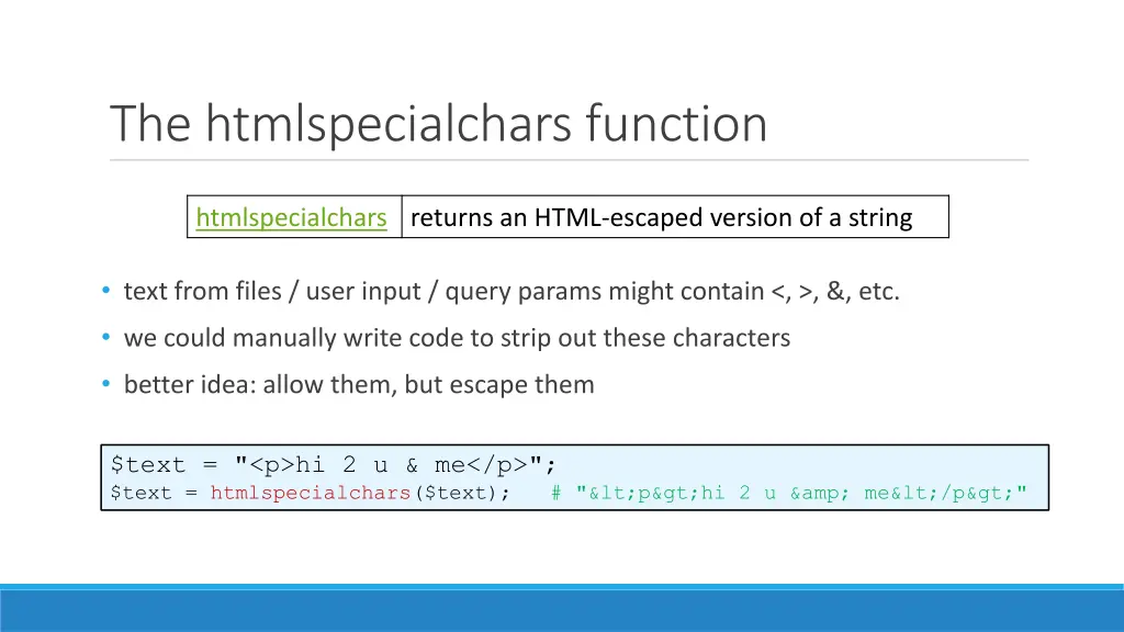 the htmlspecialchars function